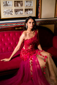 Fuchsia One-Shoulder Couture Gown with 3D Floral Appliqué!