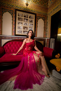 Fuchsia One-Shoulder Couture Gown with 3D Floral Appliqué!