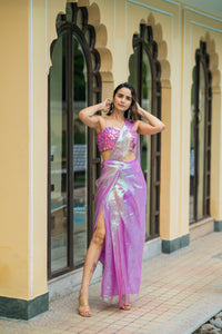 Iridescent Pink Pre-Stitched Draped Saree with Sequin Bustier Blouse!