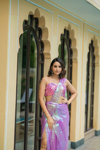 Iridescent Pink Pre-Stitched Draped Saree with Sequin Bustier Blouse!