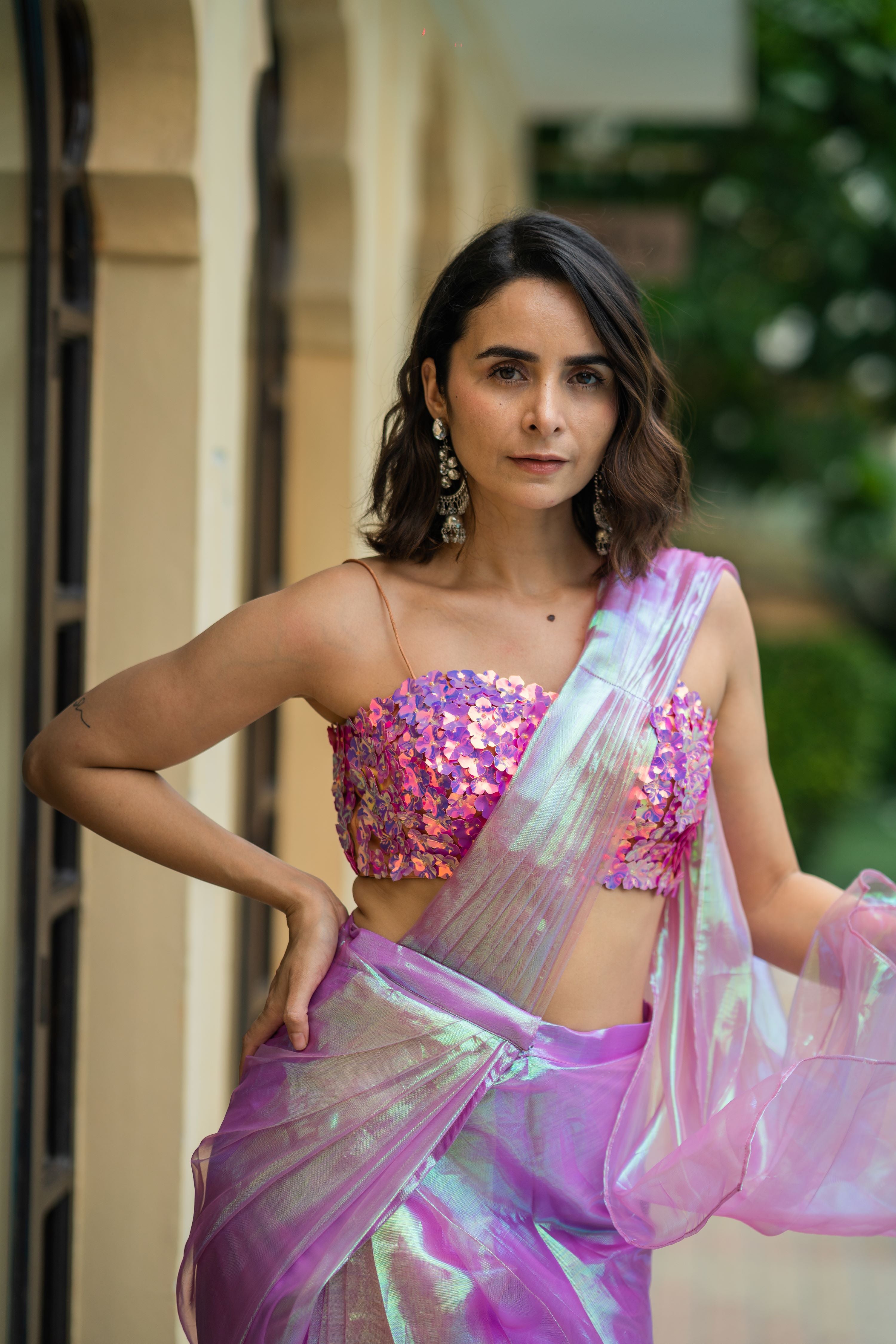Iridescent Pink Pre-Stitched Draped Saree with Sequin Bustier Blouse!