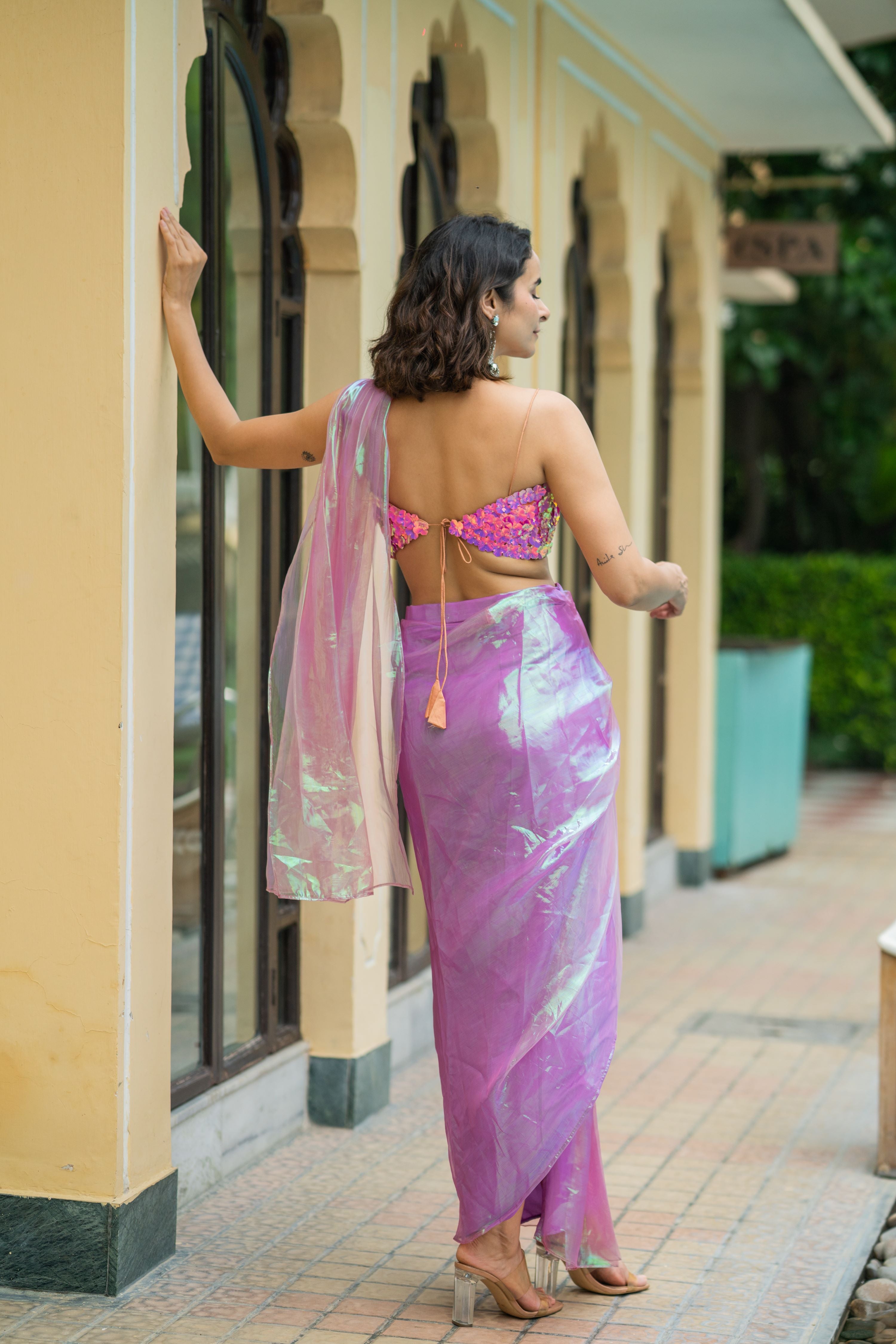 Iridescent Pink Pre-Stitched Draped Saree with Sequin Bustier Blouse!