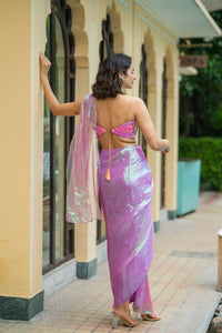 Iridescent Pink Pre-Stitched Draped Saree with Sequin Bustier Blouse!