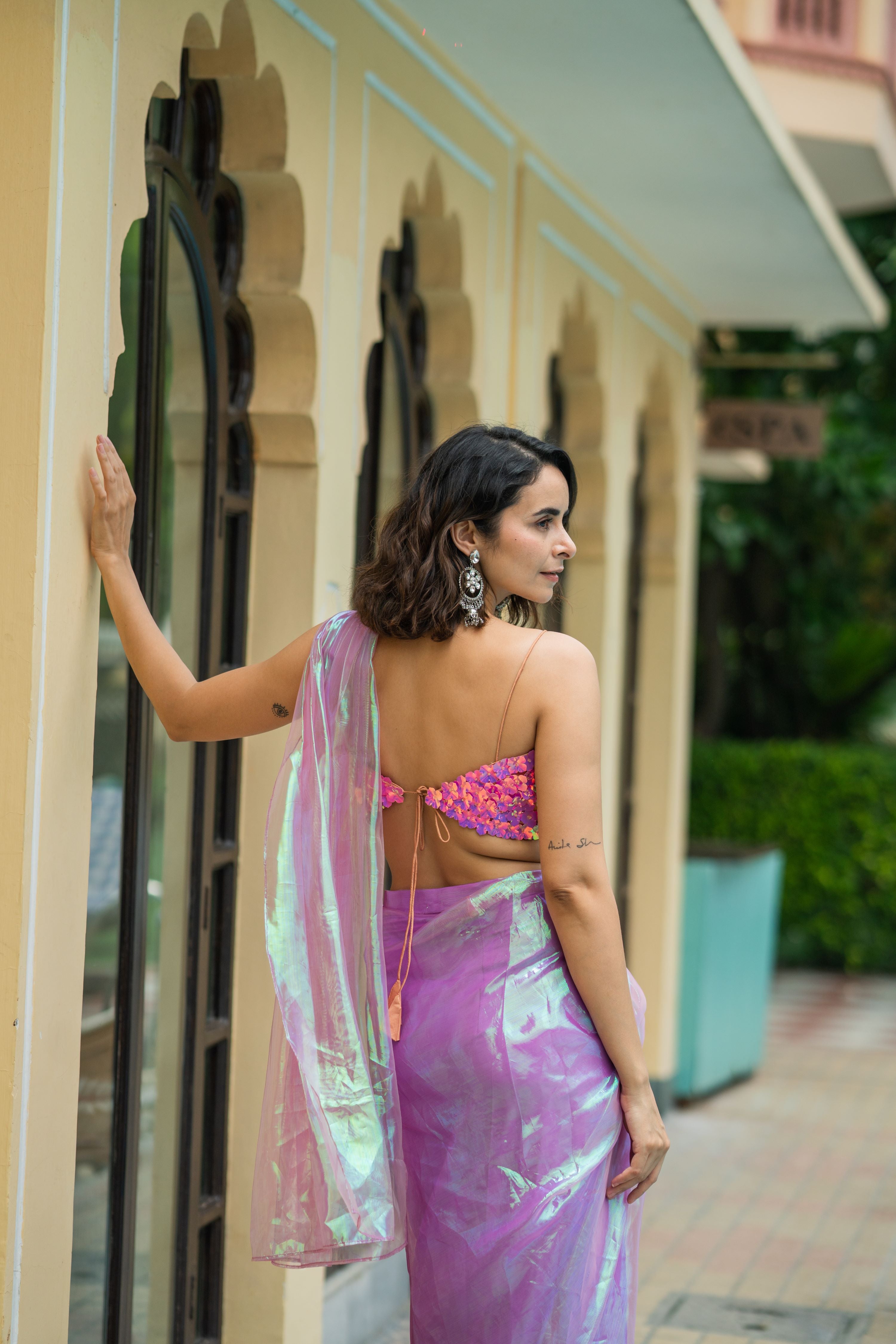 Iridescent Pink Pre-Stitched Draped Saree with Sequin Bustier Blouse!