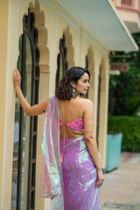Iridescent Pink Pre-Stitched Draped Saree with Sequin Bustier Blouse!