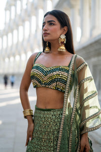 TCR Green Mirror Work Lehenga Set with Sweetheart Blouse!