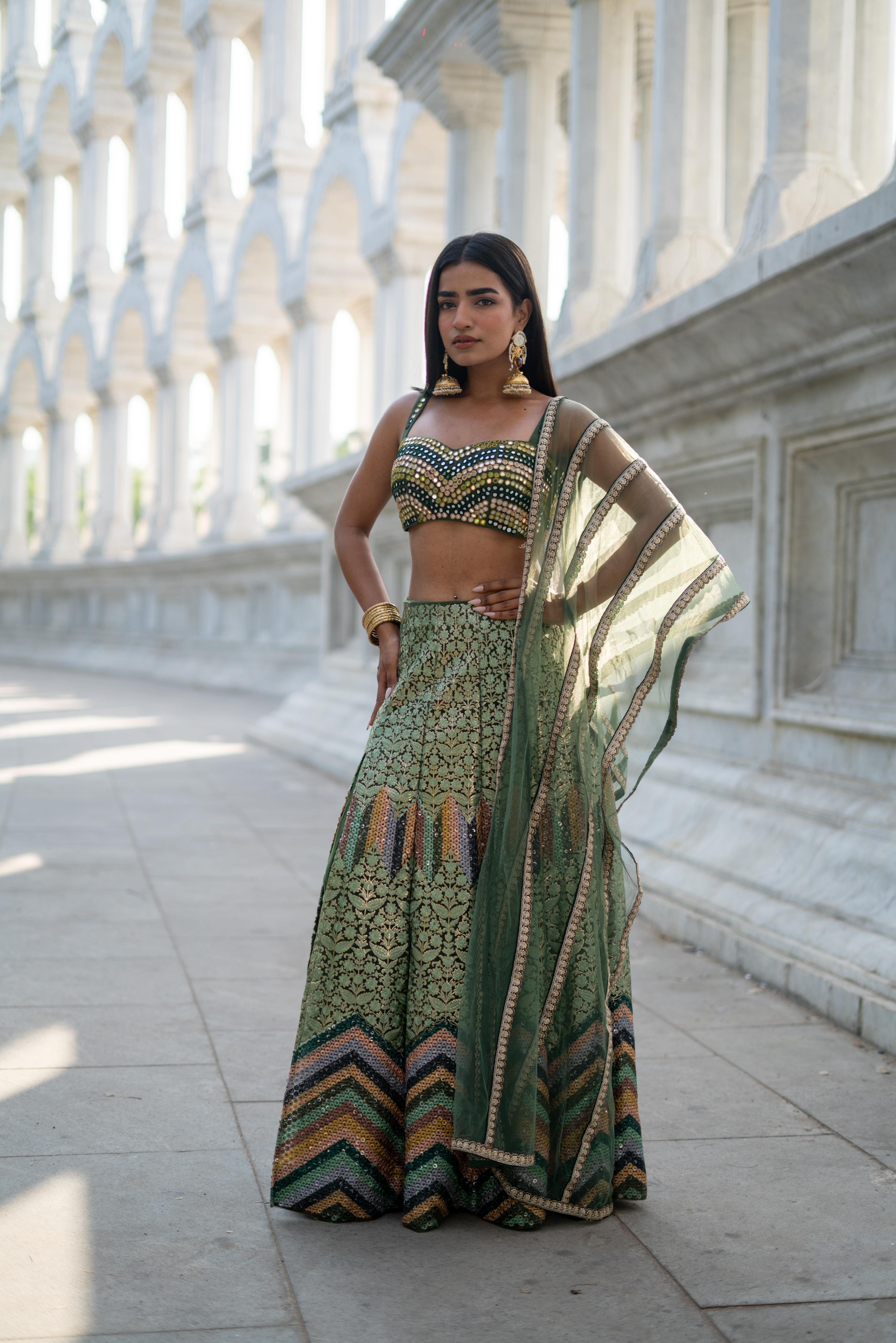 TCR Green Mirror Work Lehenga Set with Sweetheart Blouse!