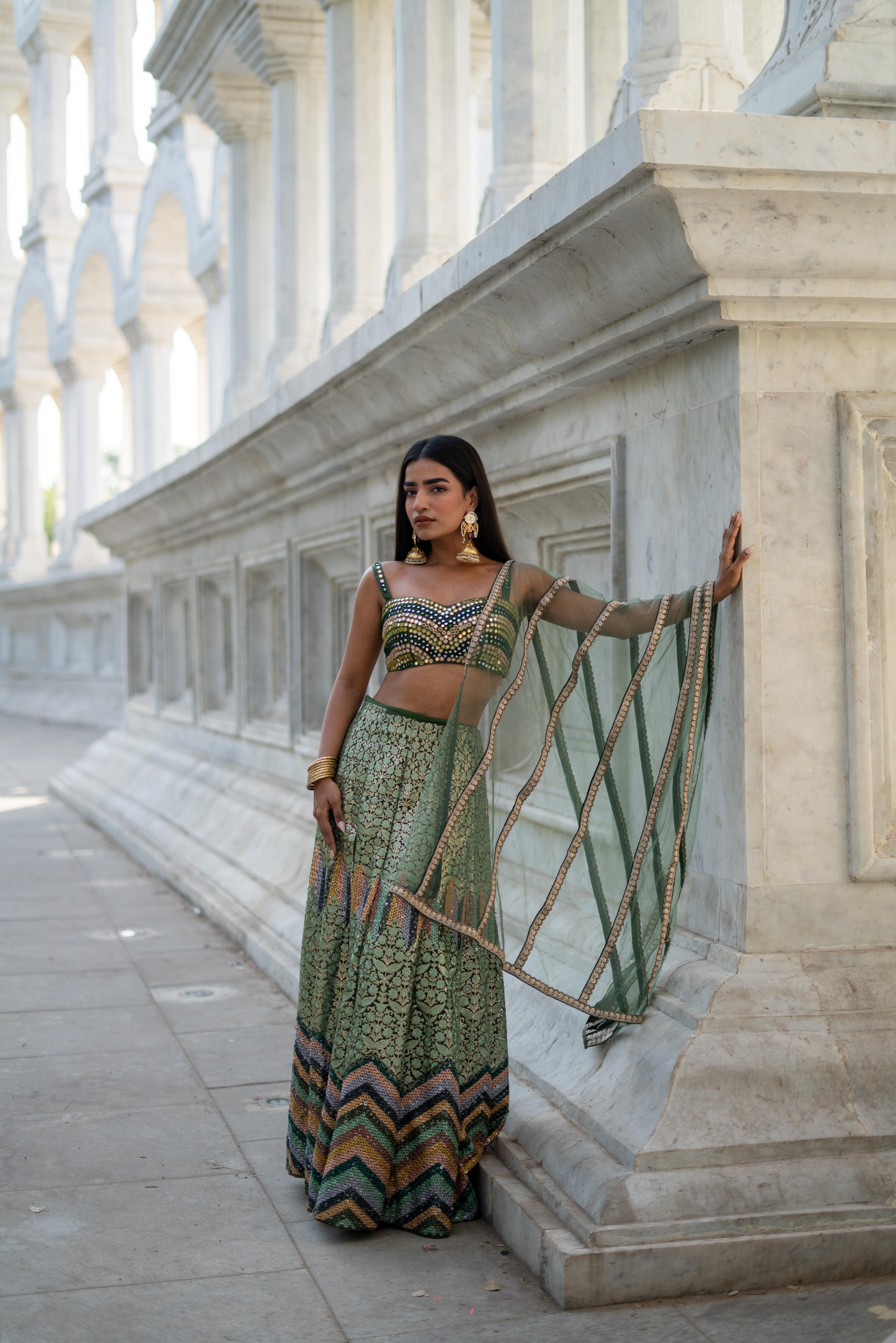 TCR Green Mirror Work Lehenga Set with Sweetheart Blouse!