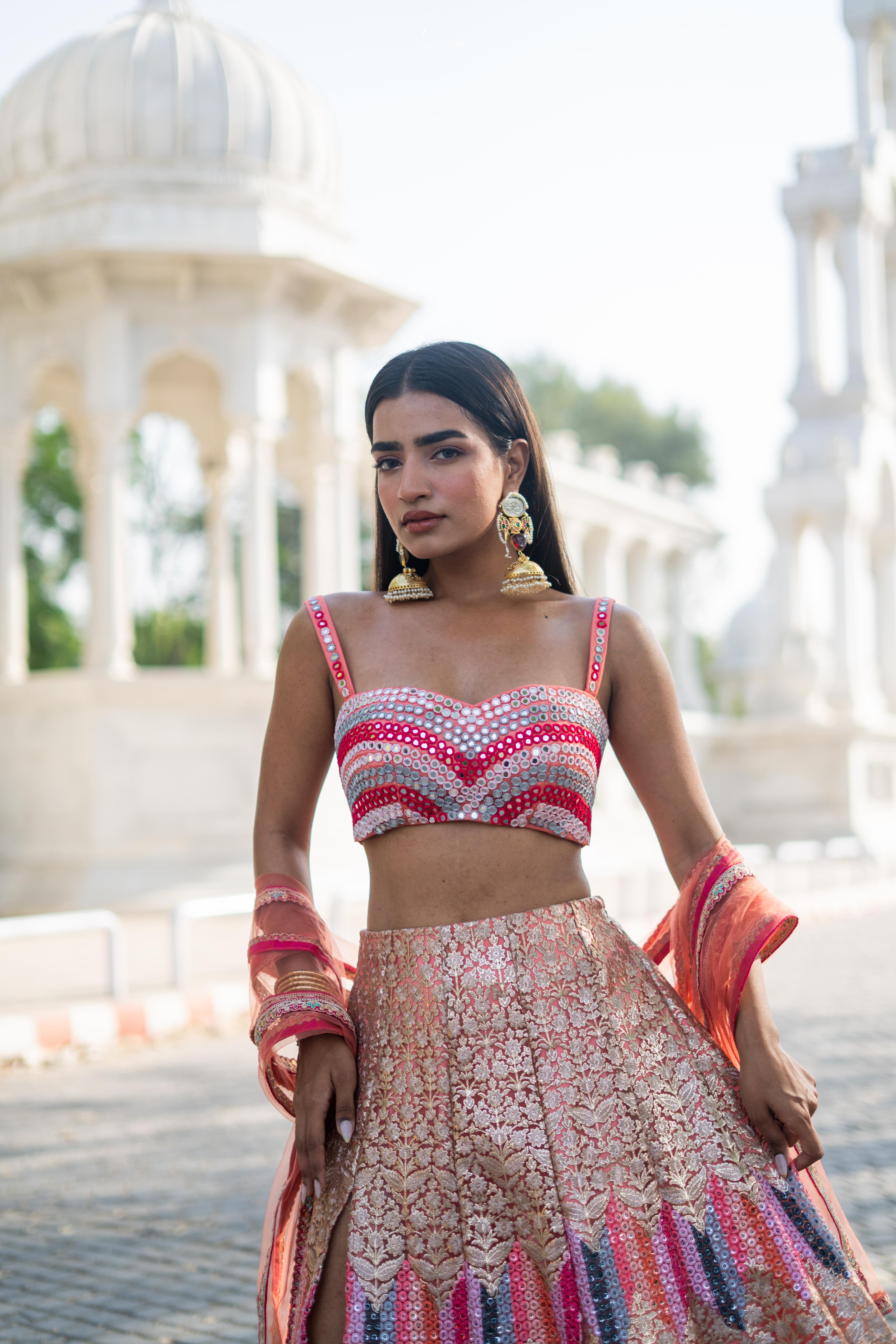 TCR Peach & Pink Chevron Embroidered Lehenga Set