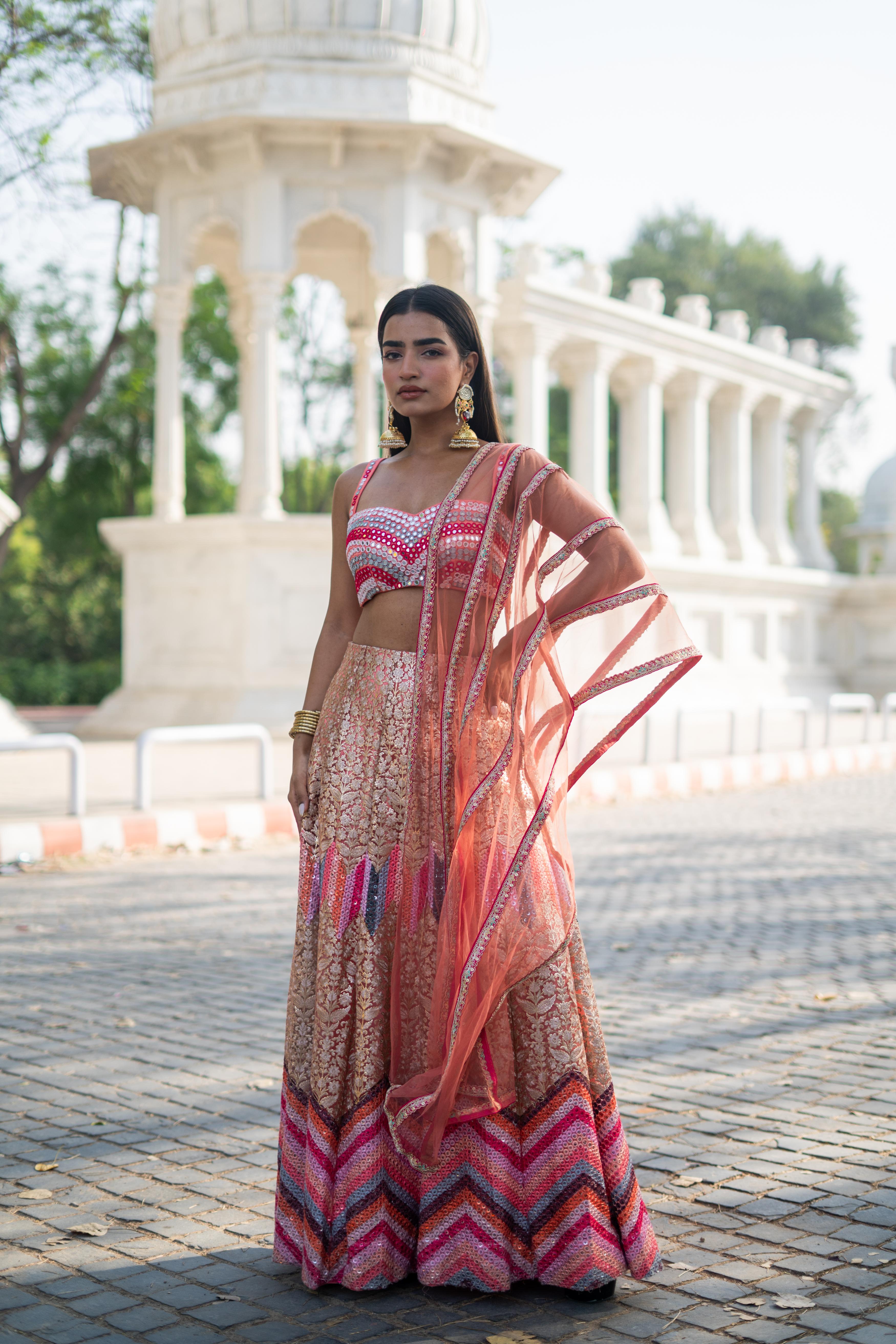 TCR Peach & Pink Chevron Embroidered Lehenga Set