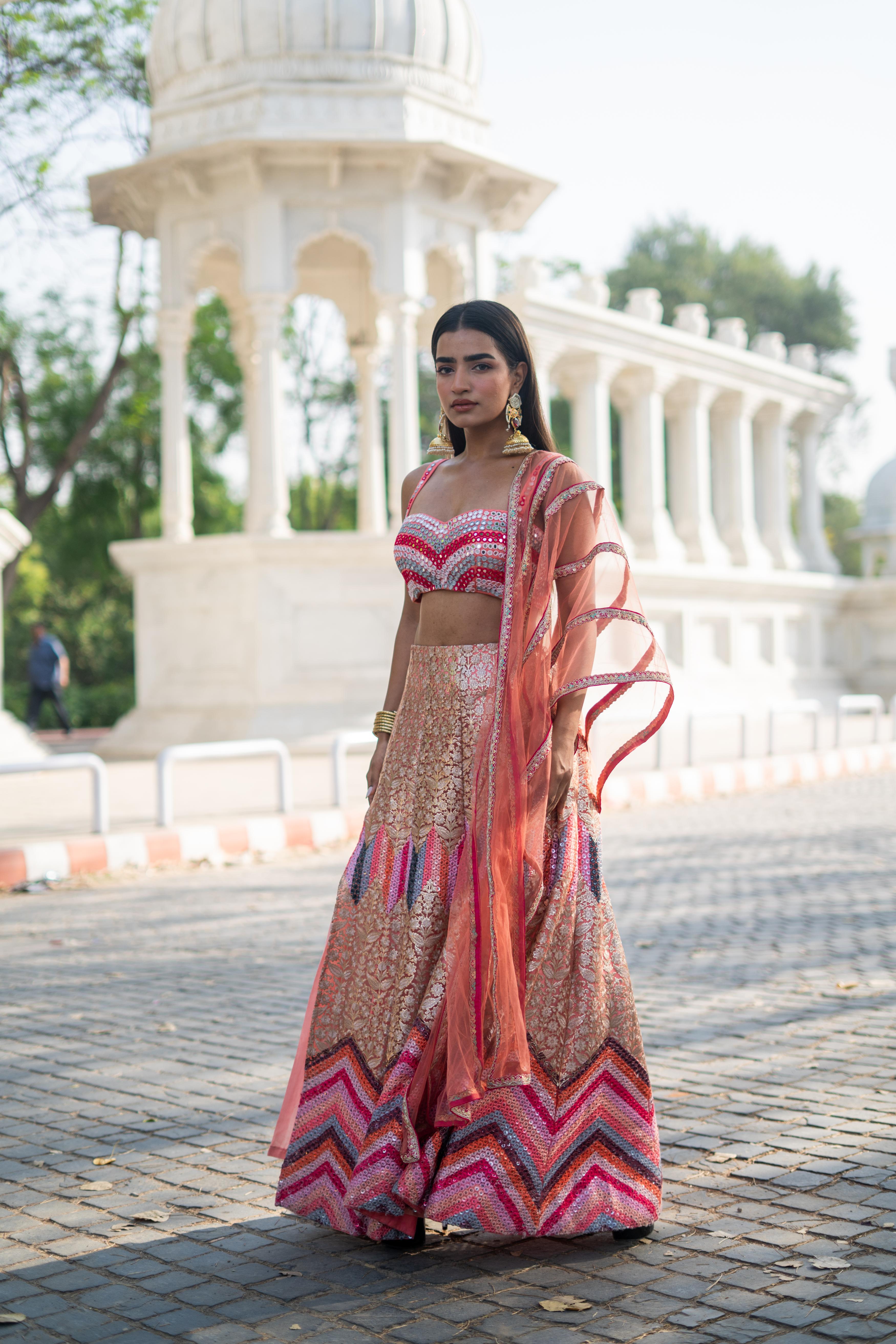TCR Peach & Pink Chevron Embroidered Lehenga Set
