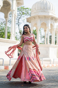 TCR Peach & Pink Chevron Embroidered Lehenga Set