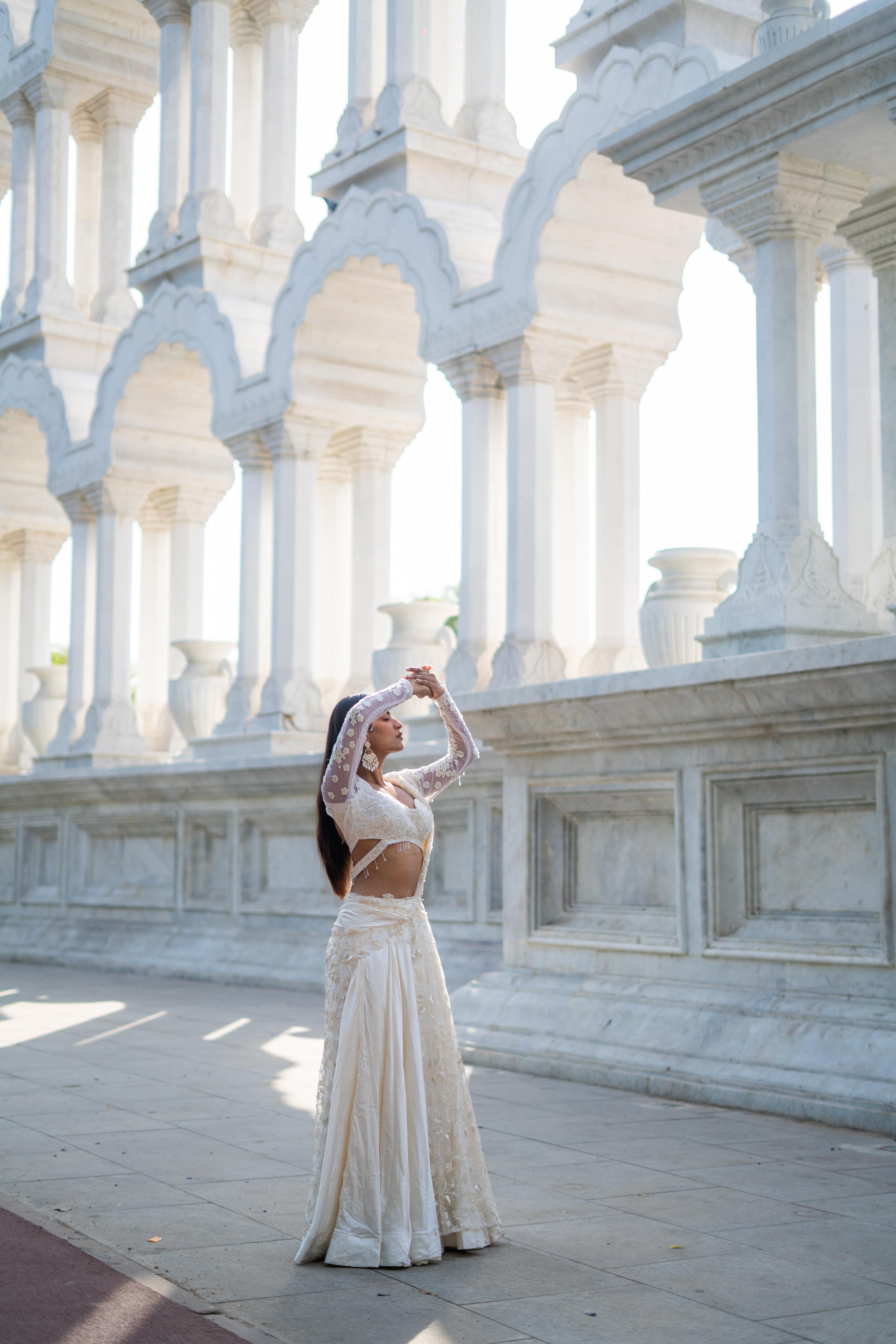 Ivory Draped Panel Silk Lehenga with Attached Pallu!
