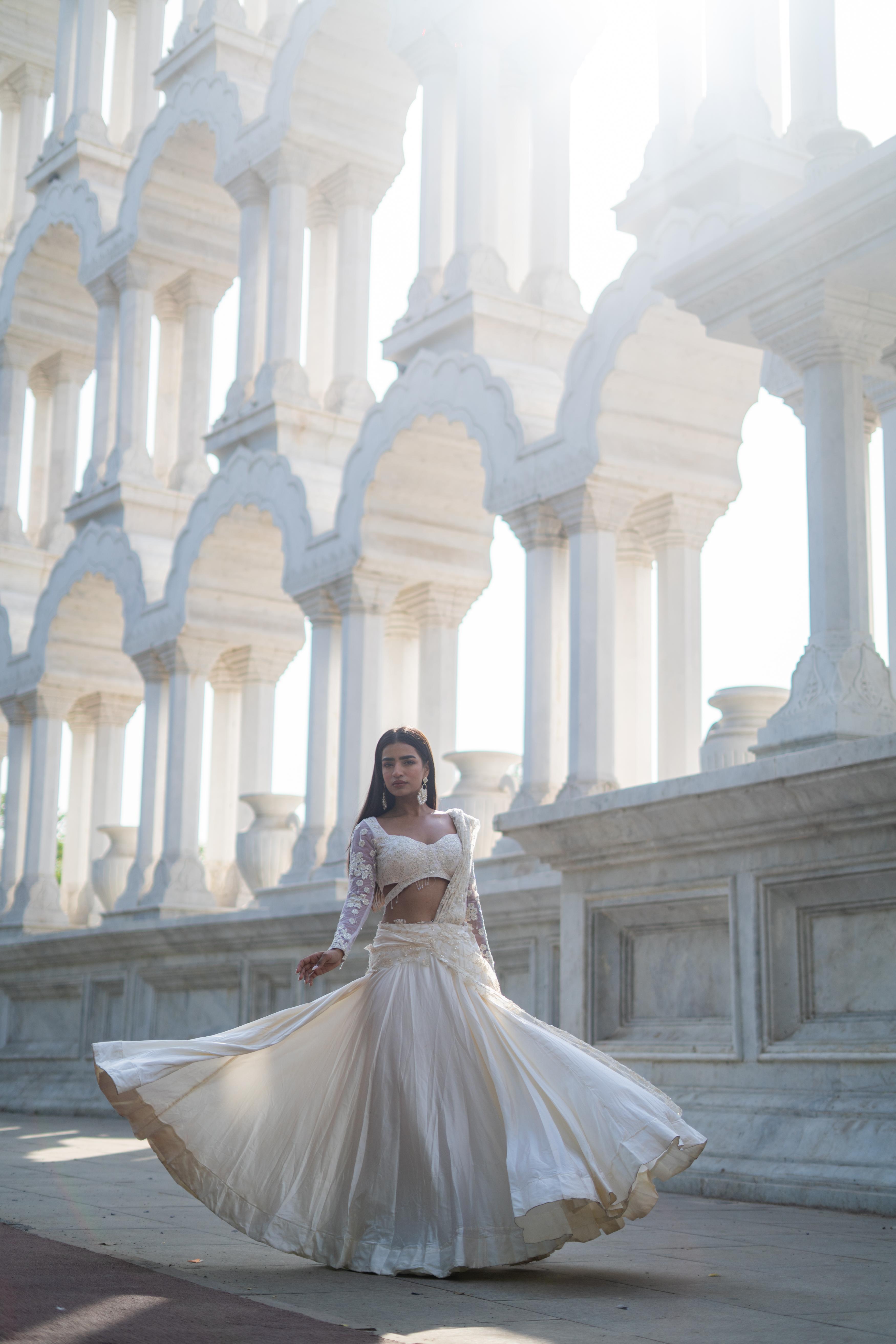 Ivory Draped Panel Silk Lehenga with Attached Pallu!