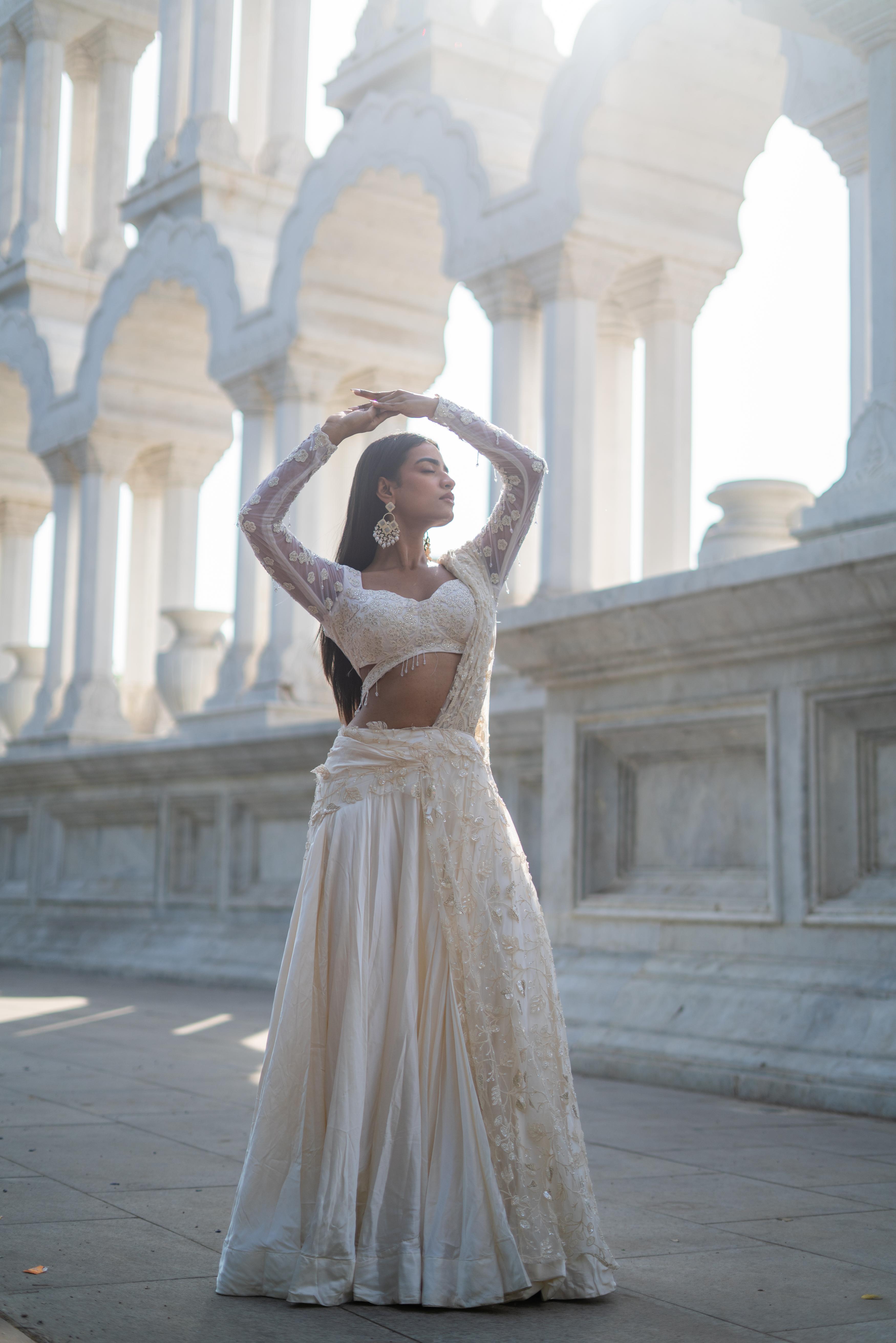 Ivory Draped Panel Silk Lehenga with Attached Pallu!