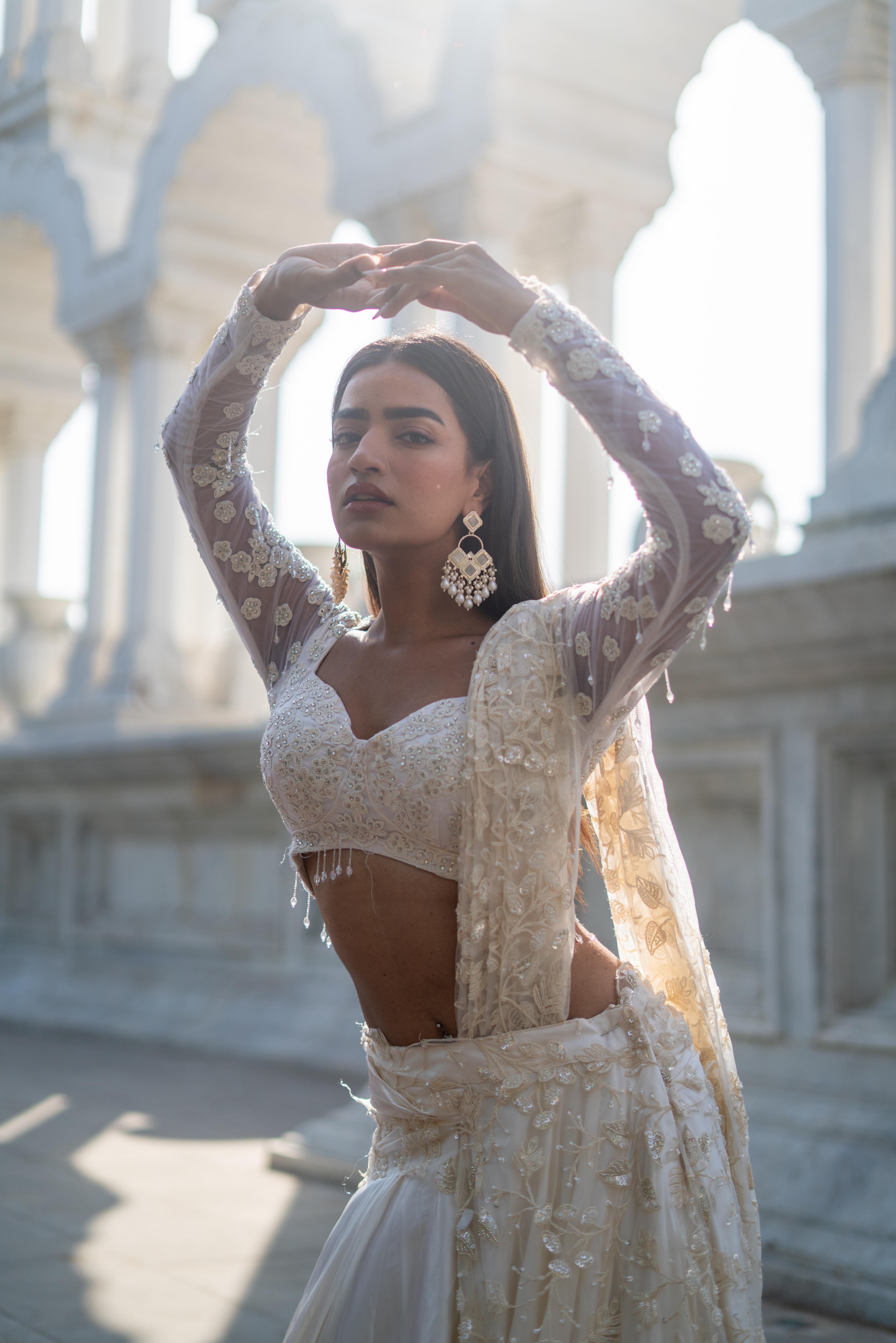 Ivory Draped Panel Silk Lehenga with Attached Pallu!