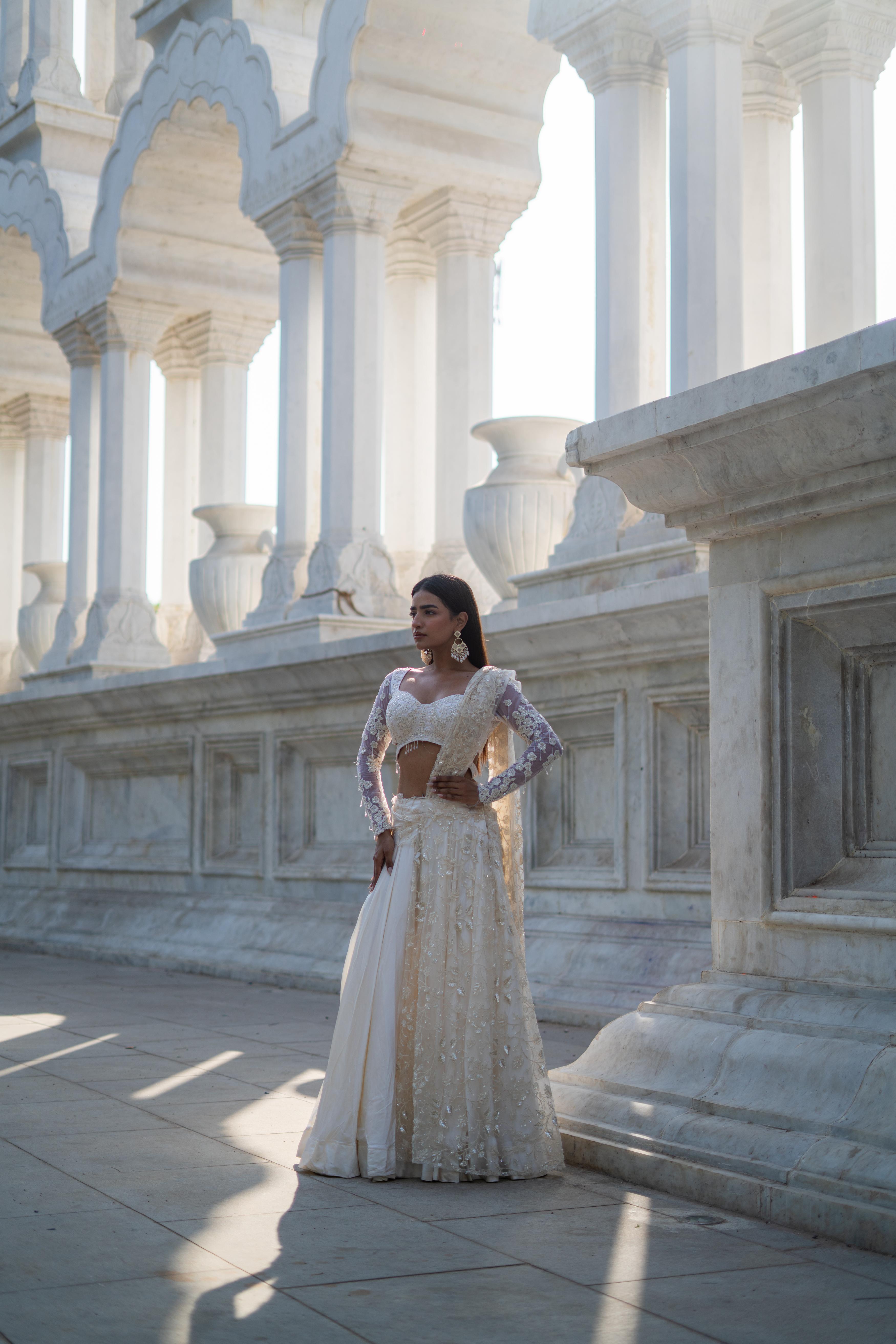 Ivory Draped Panel Silk Lehenga with Attached Pallu!