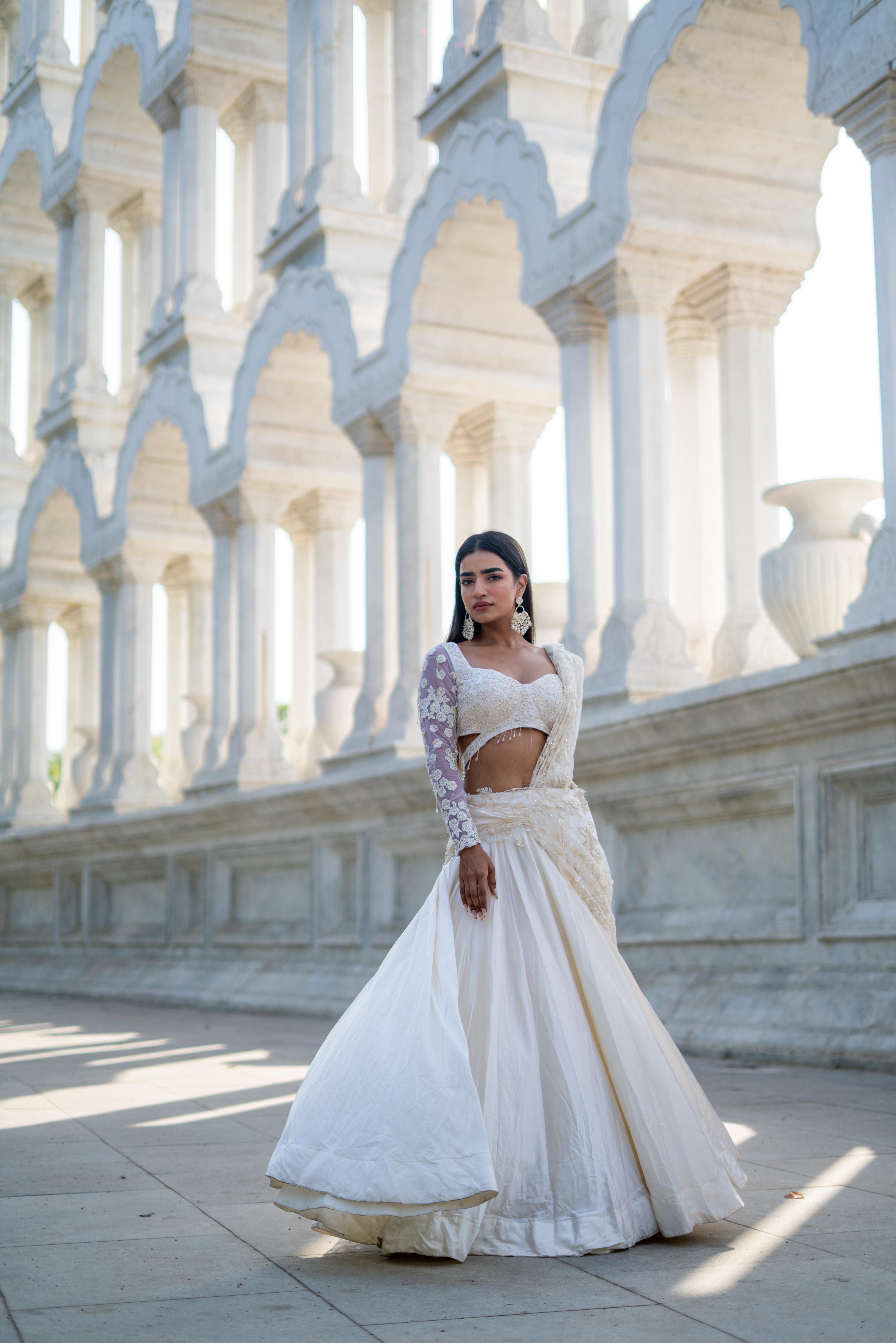 Ivory Draped Panel Silk Lehenga with Attached Pallu!