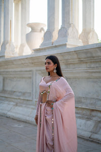 Blush Pink Saree with Scalloped Sweetheart Blouse & Tassel Detailing!