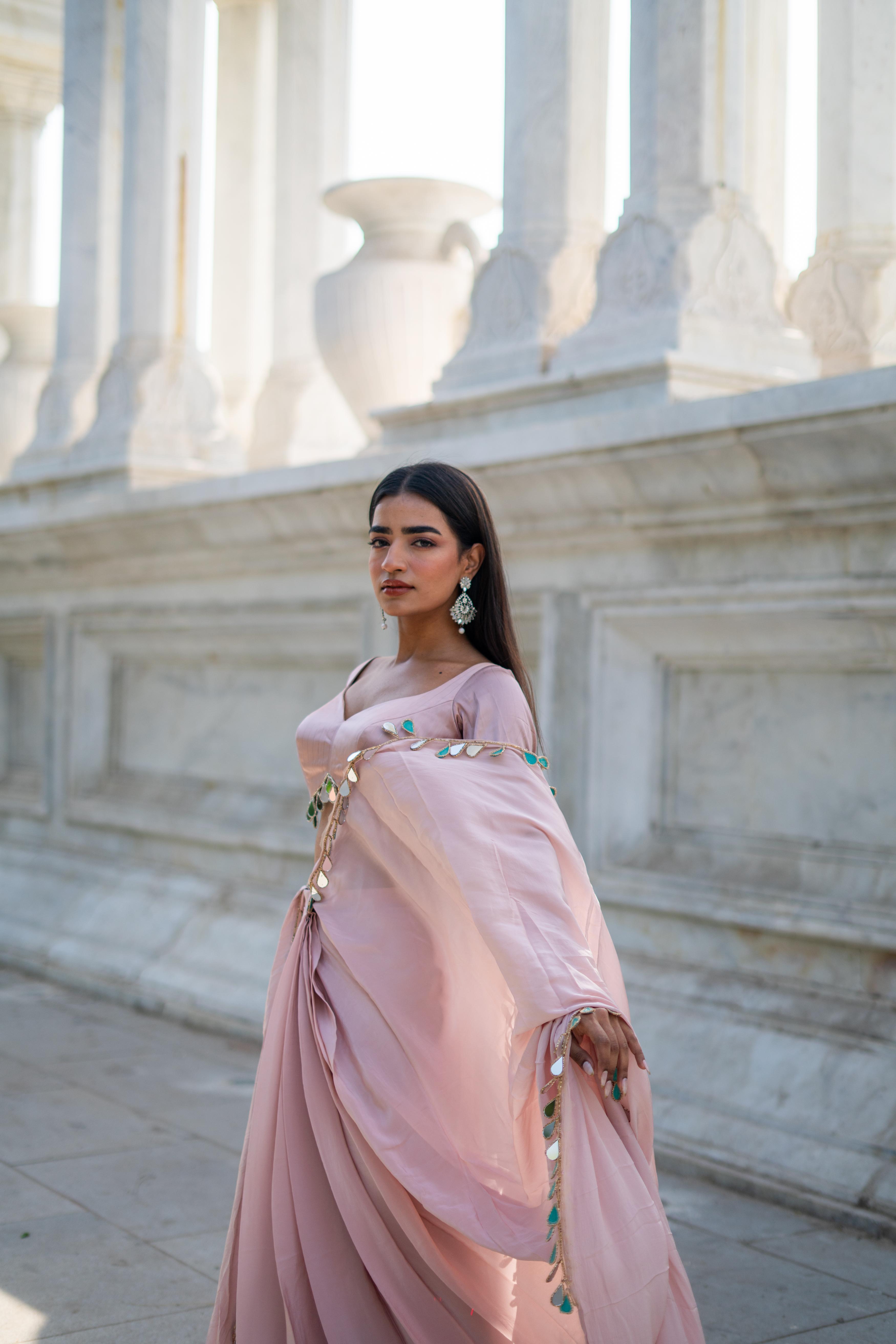 Blush Pink Saree with Scalloped Sweetheart Blouse & Tassel Detailing!