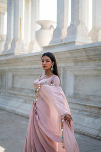 Blush Pink Saree with Scalloped Sweetheart Blouse & Tassel Detailing!