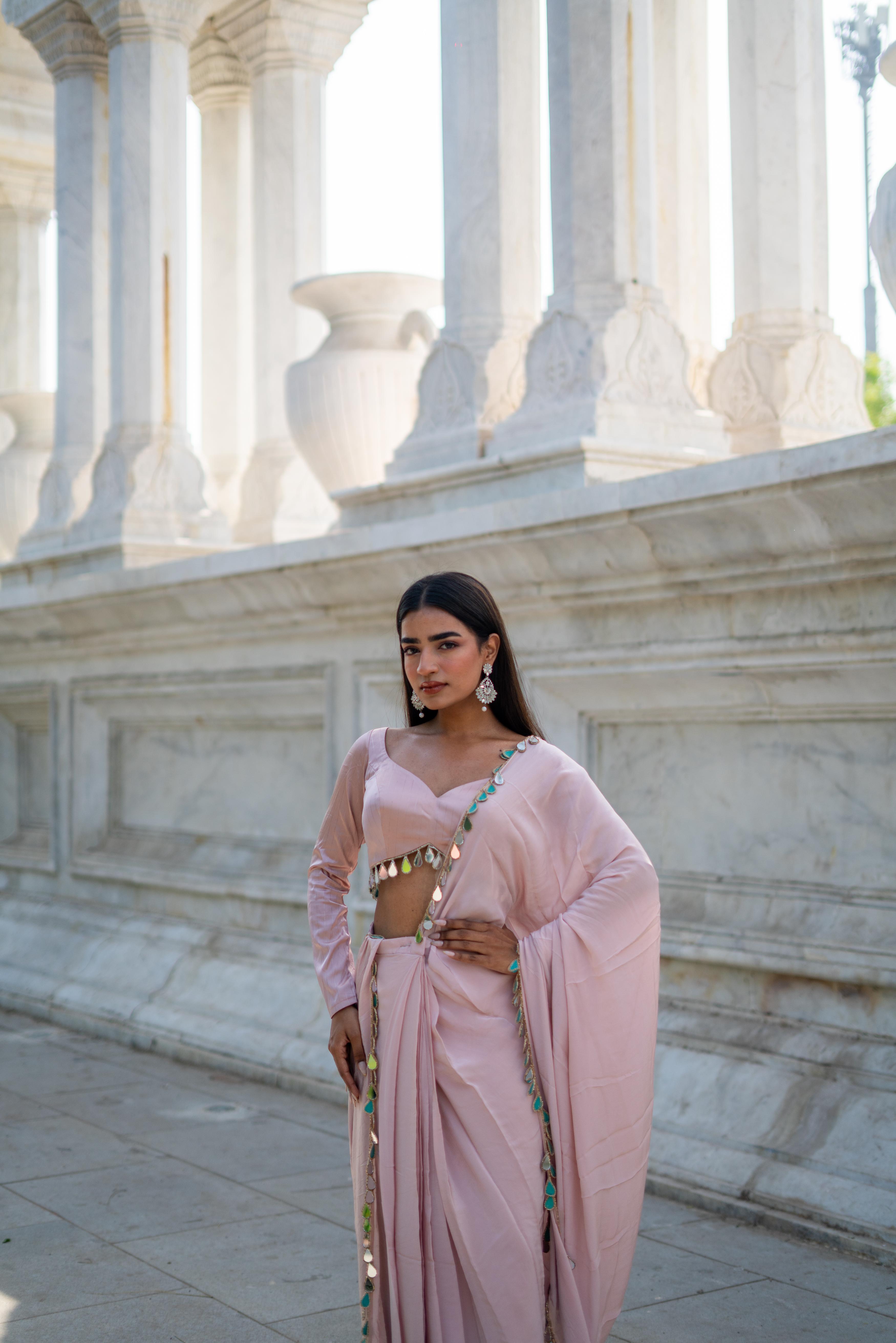 Blush Pink Saree with Scalloped Sweetheart Blouse & Tassel Detailing!