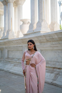Blush Pink Saree with Scalloped Sweetheart Blouse & Tassel Detailing!