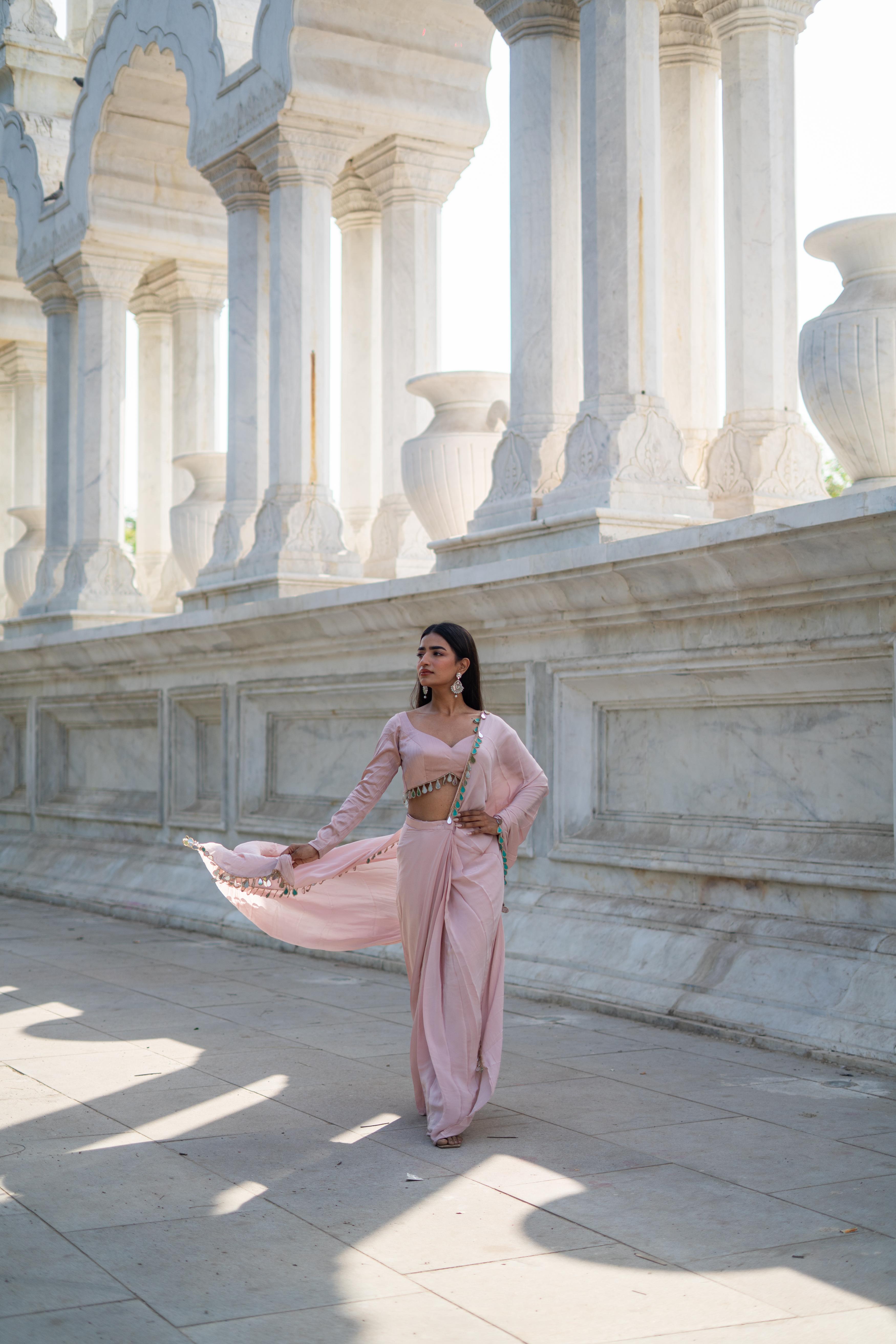 Blush Pink Saree with Scalloped Sweetheart Blouse & Tassel Detailing!