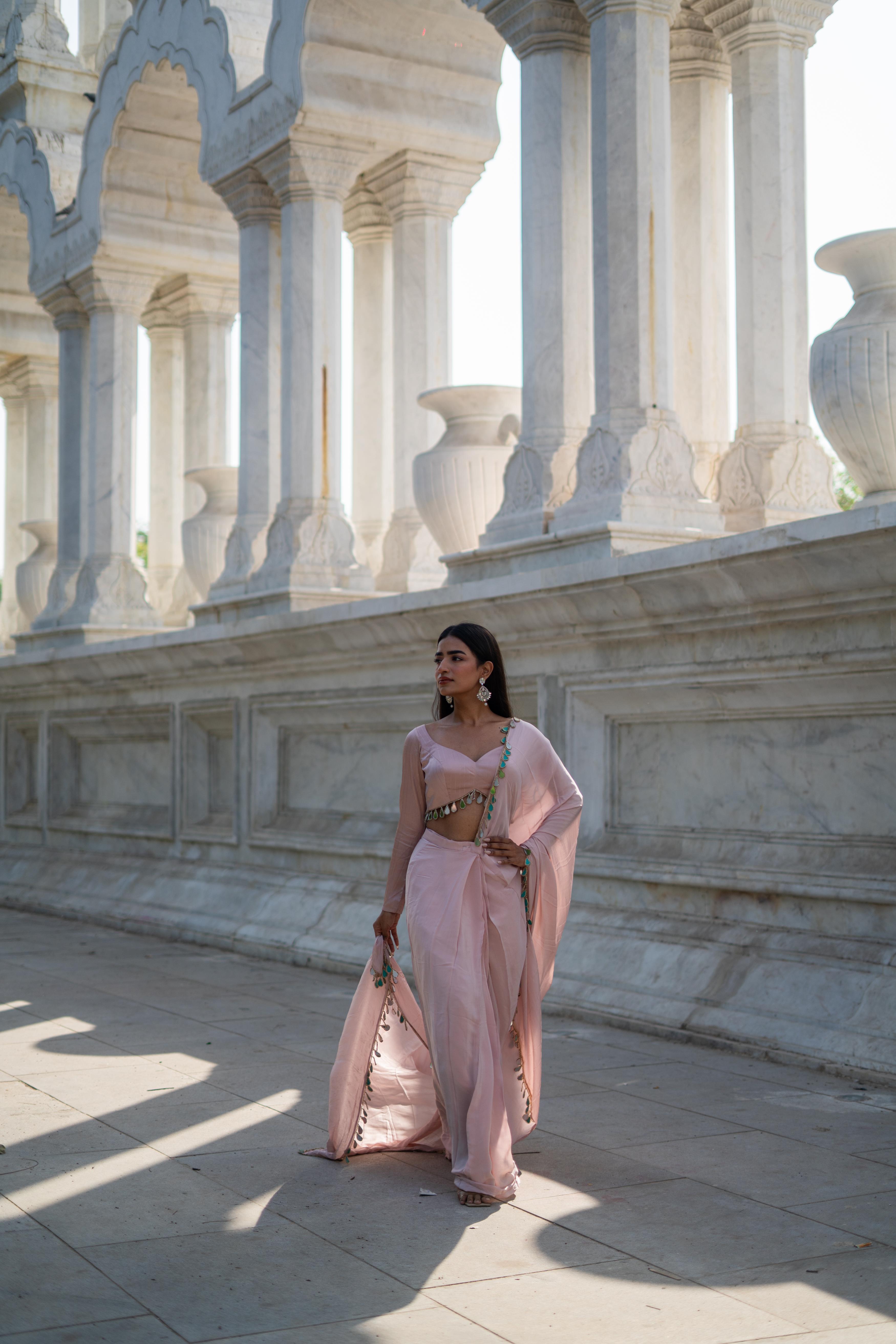 Blush Pink Saree with Scalloped Sweetheart Blouse & Tassel Detailing!