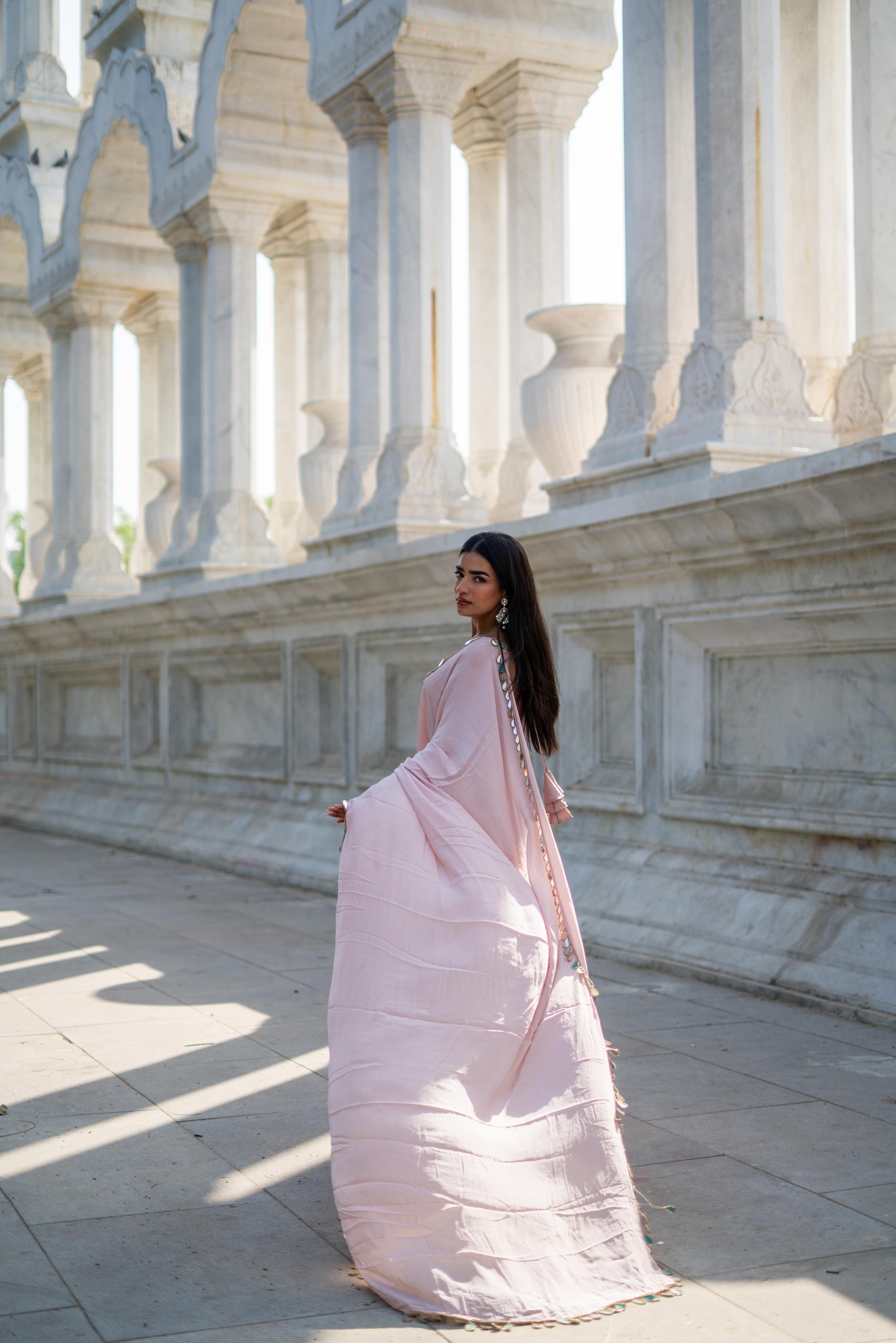 Blush Pink Saree with Scalloped Sweetheart Blouse & Tassel Detailing!