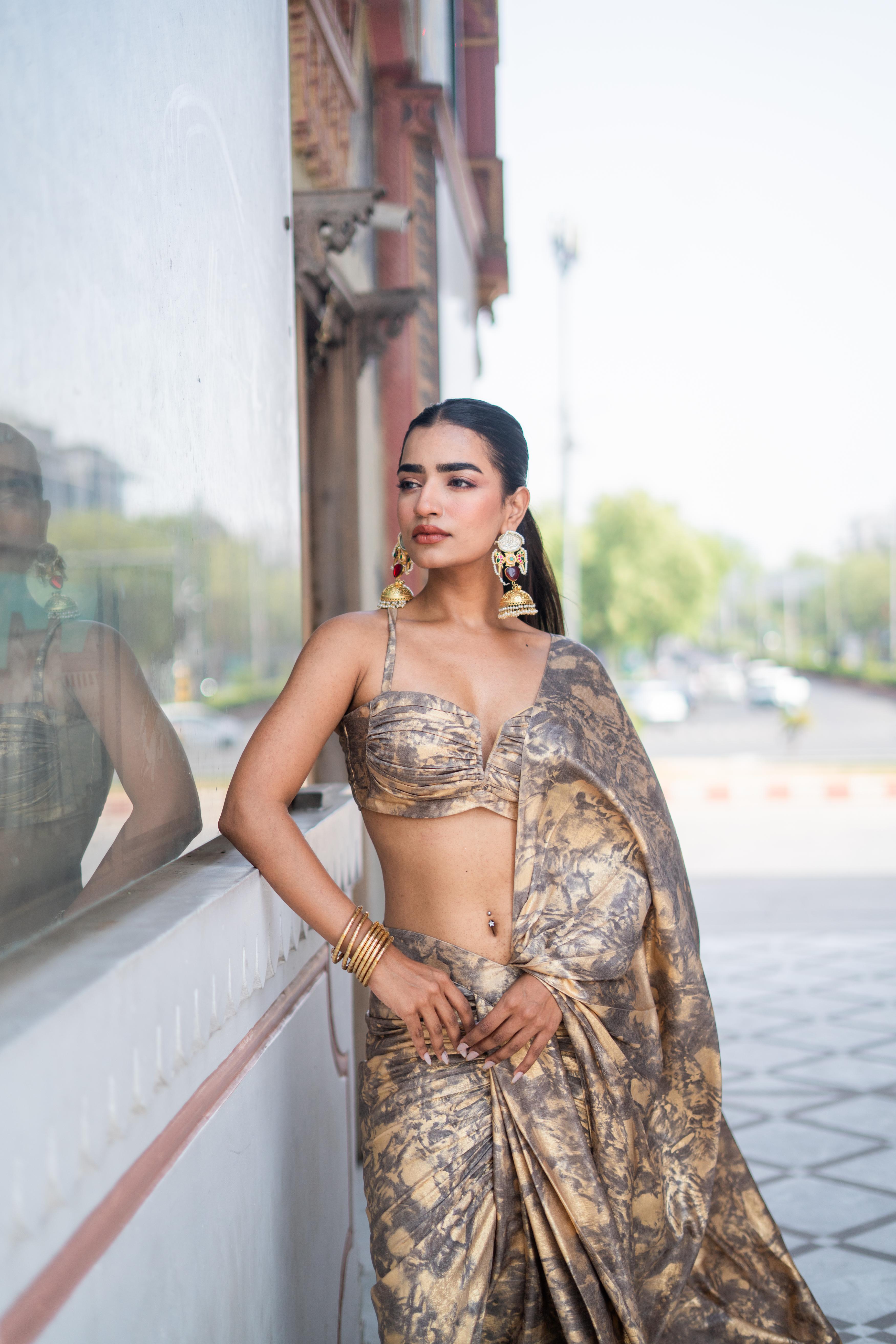 Antique Gold & Charcoal Marble Print Saree with Bustier Blouse!