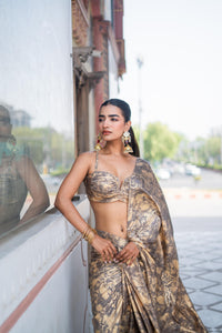 Antique Gold & Charcoal Marble Print Saree with Bustier Blouse!