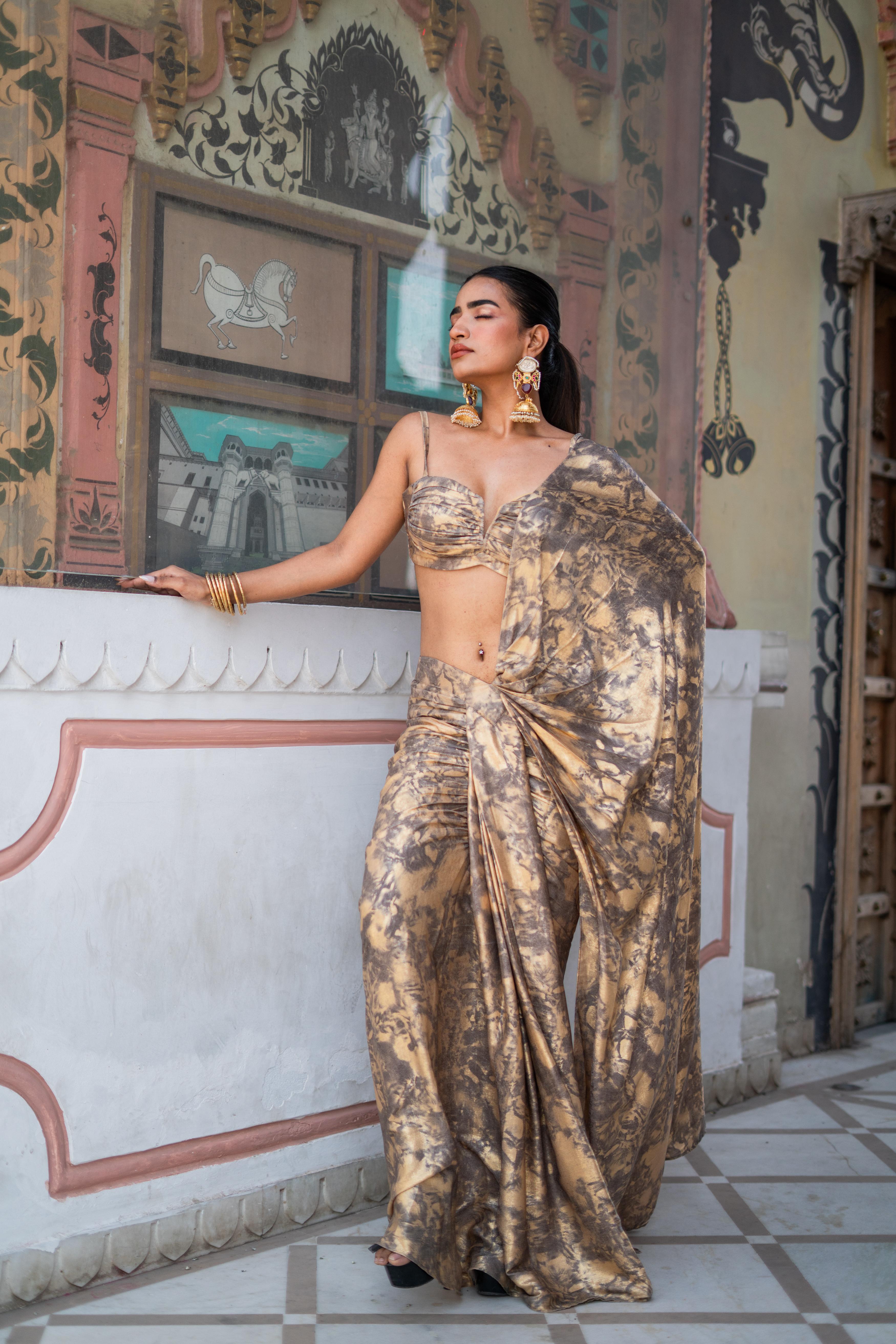 Antique Gold & Charcoal Marble Print Saree with Bustier Blouse!