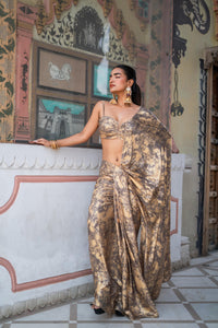 Antique Gold & Charcoal Marble Print Saree with Bustier Blouse!