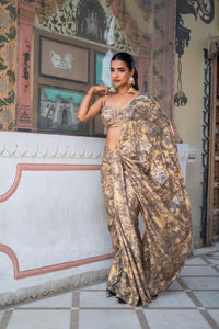 Antique Gold & Charcoal Marble Print Saree with Bustier Blouse!