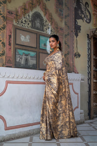Antique Gold & Charcoal Marble Print Saree with Bustier Blouse!
