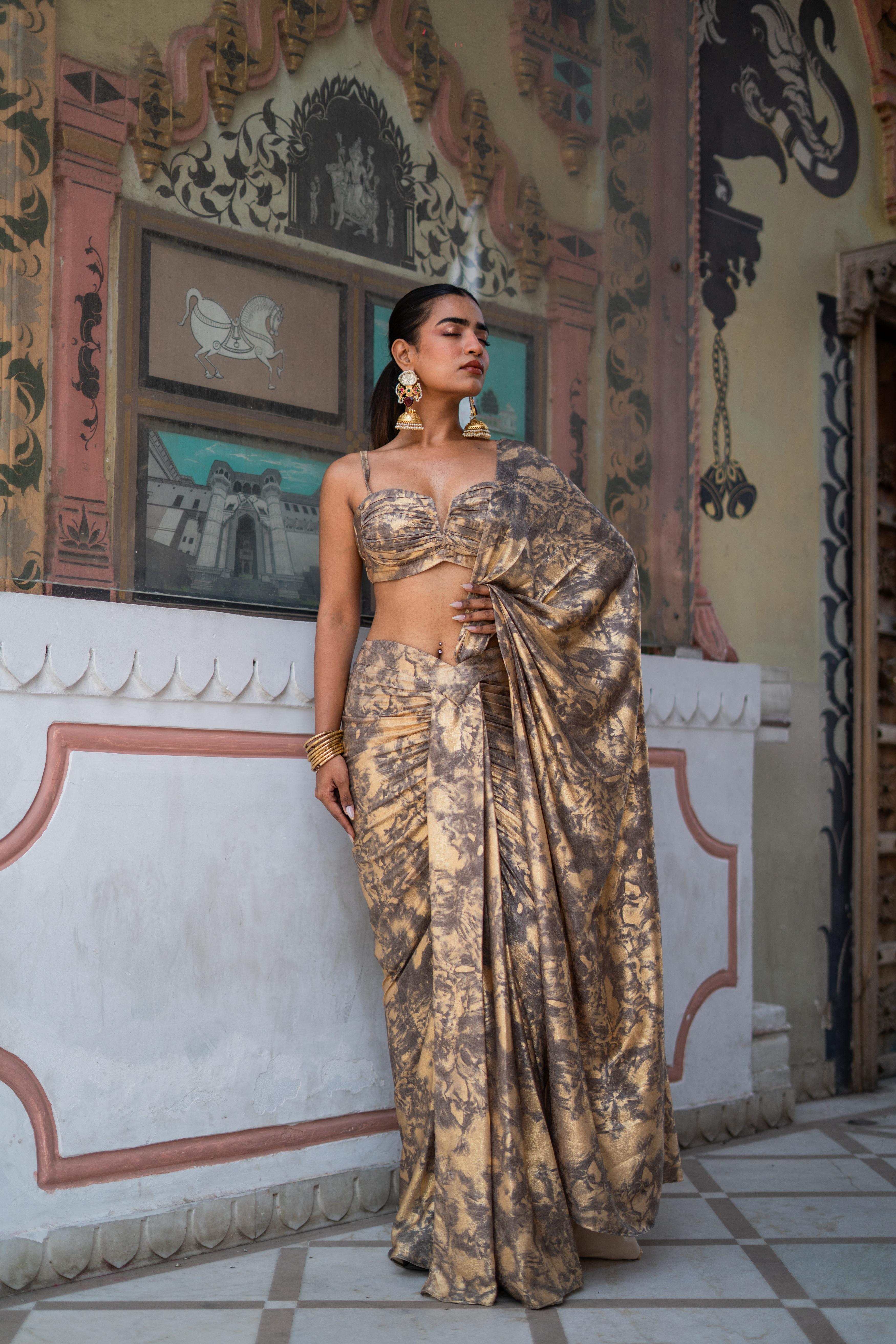 Antique Gold & Charcoal Marble Print Saree with Bustier Blouse!