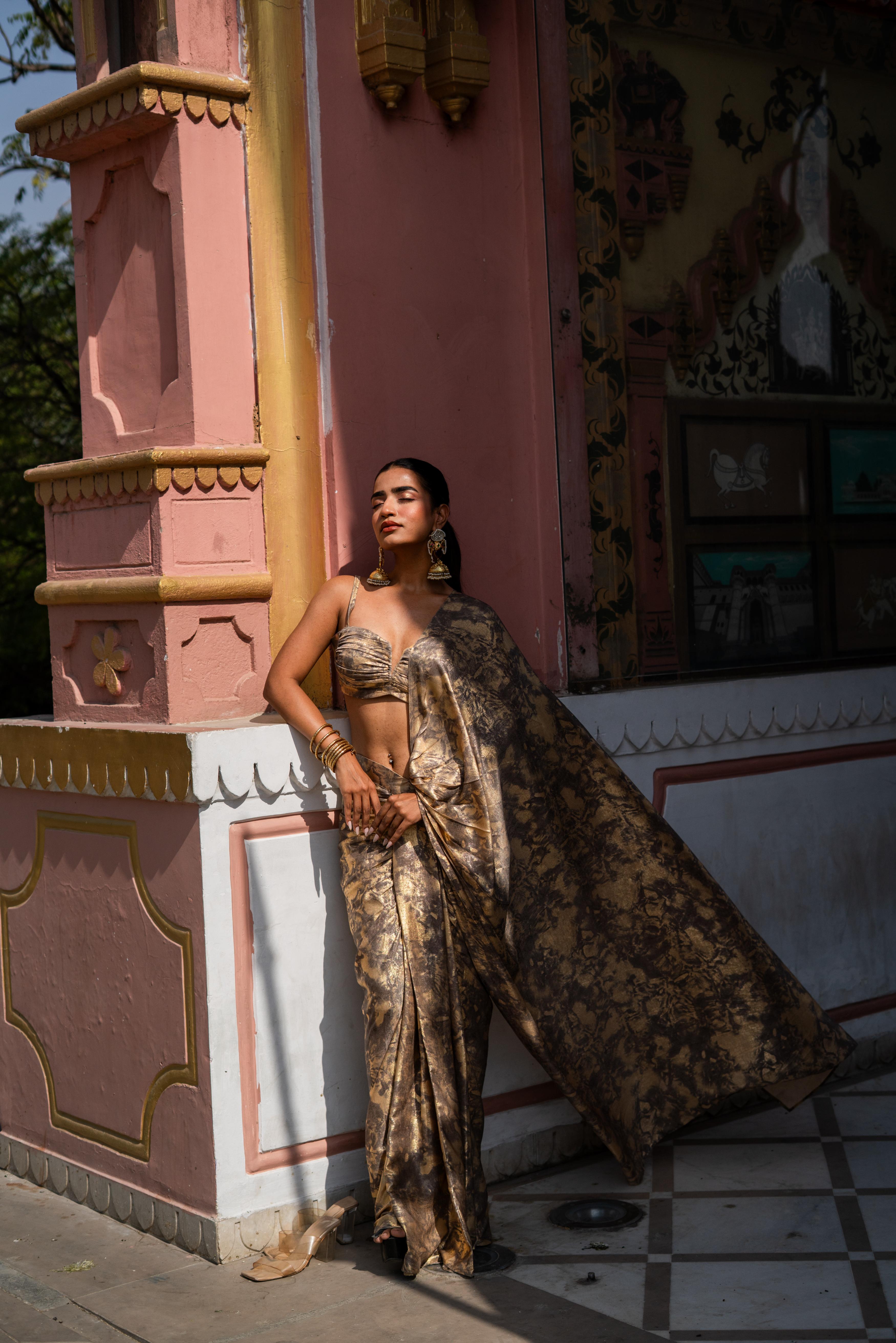Antique Gold & Charcoal Marble Print Saree with Bustier Blouse!