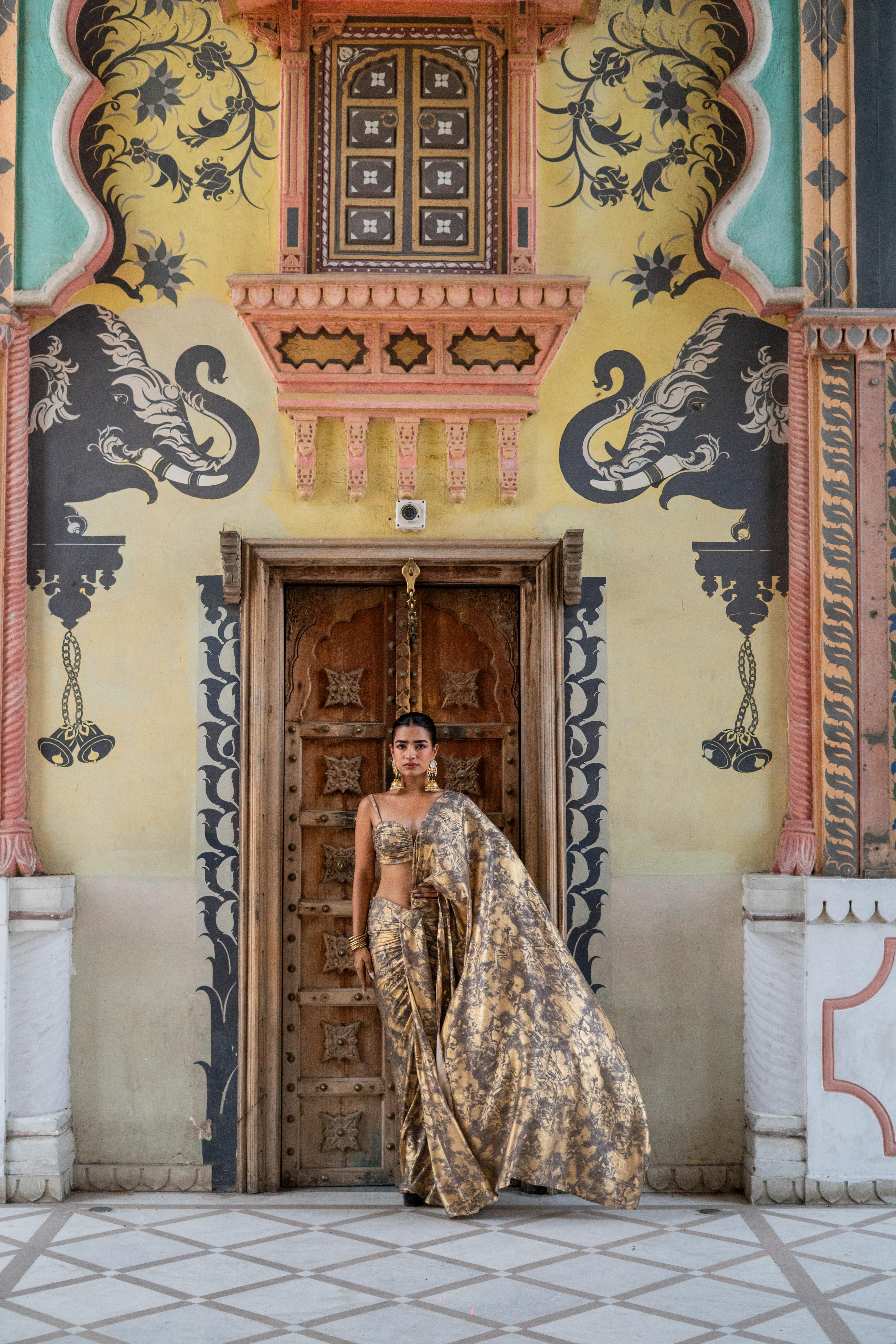 Antique Gold & Charcoal Marble Print Saree with Bustier Blouse!