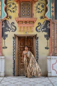 Antique Gold & Charcoal Marble Print Saree with Bustier Blouse!