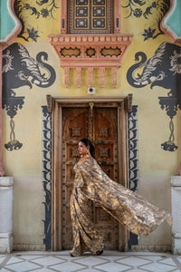Antique Gold & Charcoal Marble Print Saree with Bustier Blouse!
