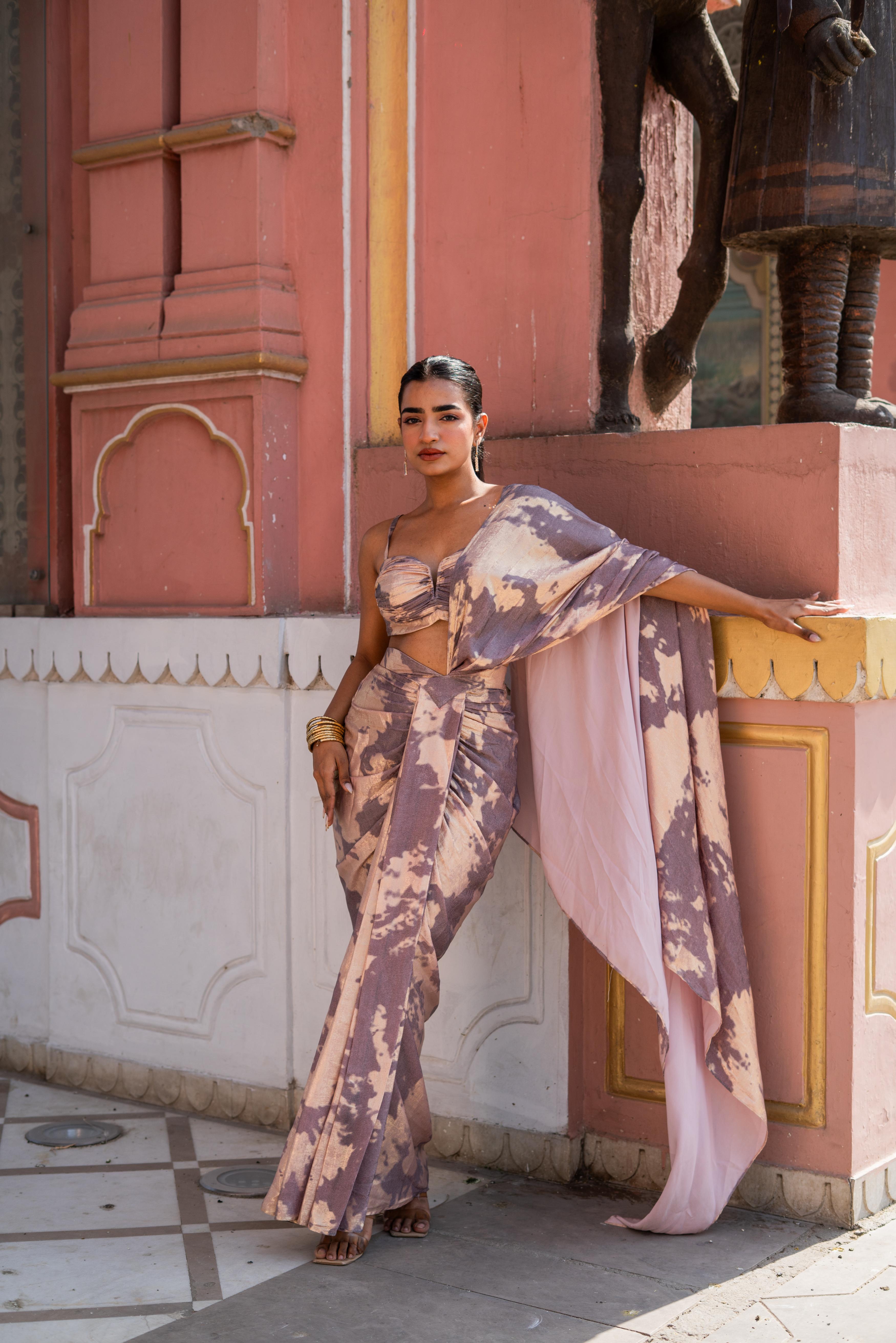 Blush & Mauve Abstract Print Draped Saree with Bustier Blouse!