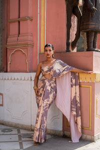 Blush & Mauve Abstract Print Draped Saree with Bustier Blouse!