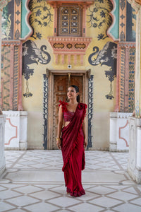Crimson Red Ruffle Draped Saree with Feather Blouse!