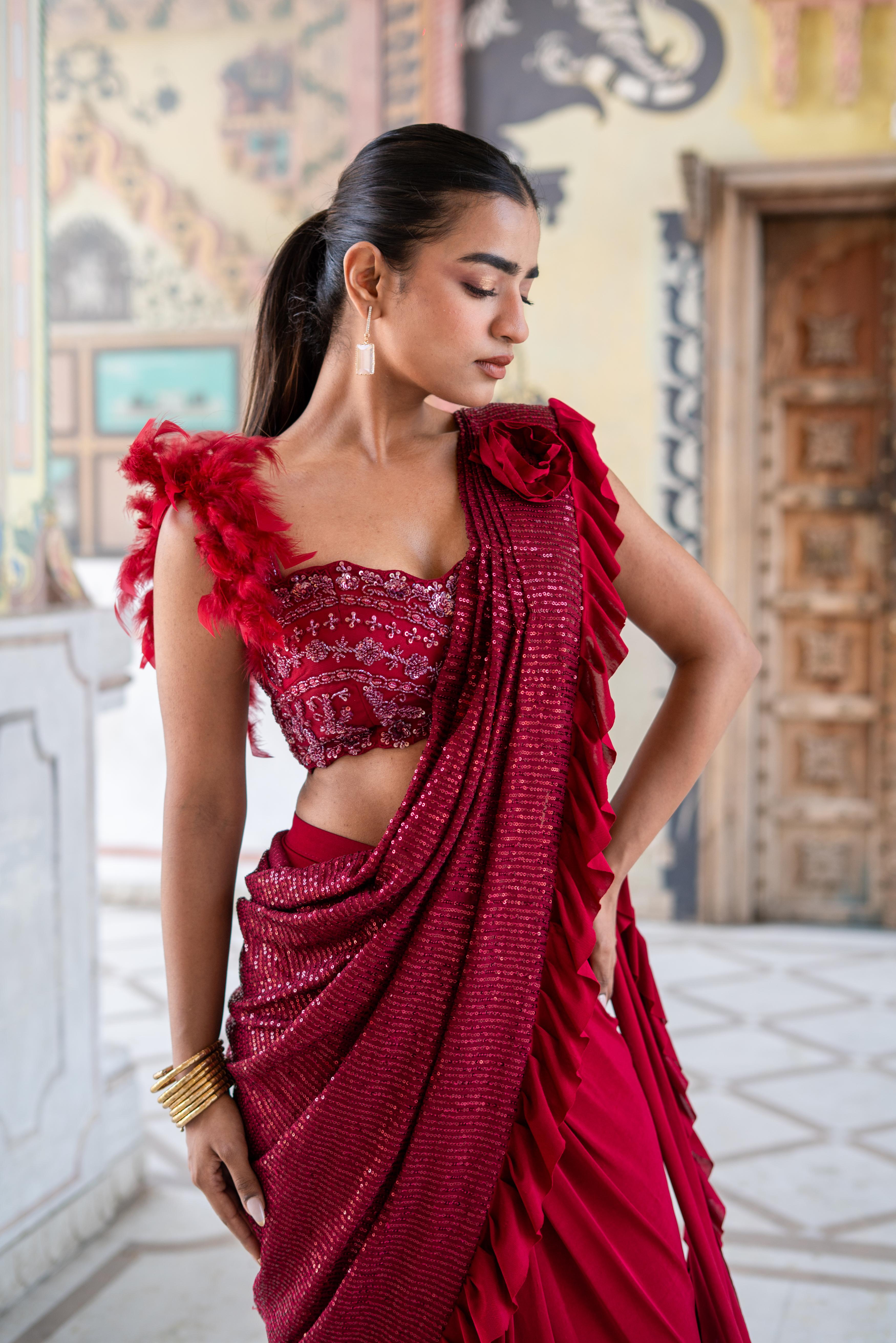 Crimson Red Ruffle Draped Saree with Feather Blouse!