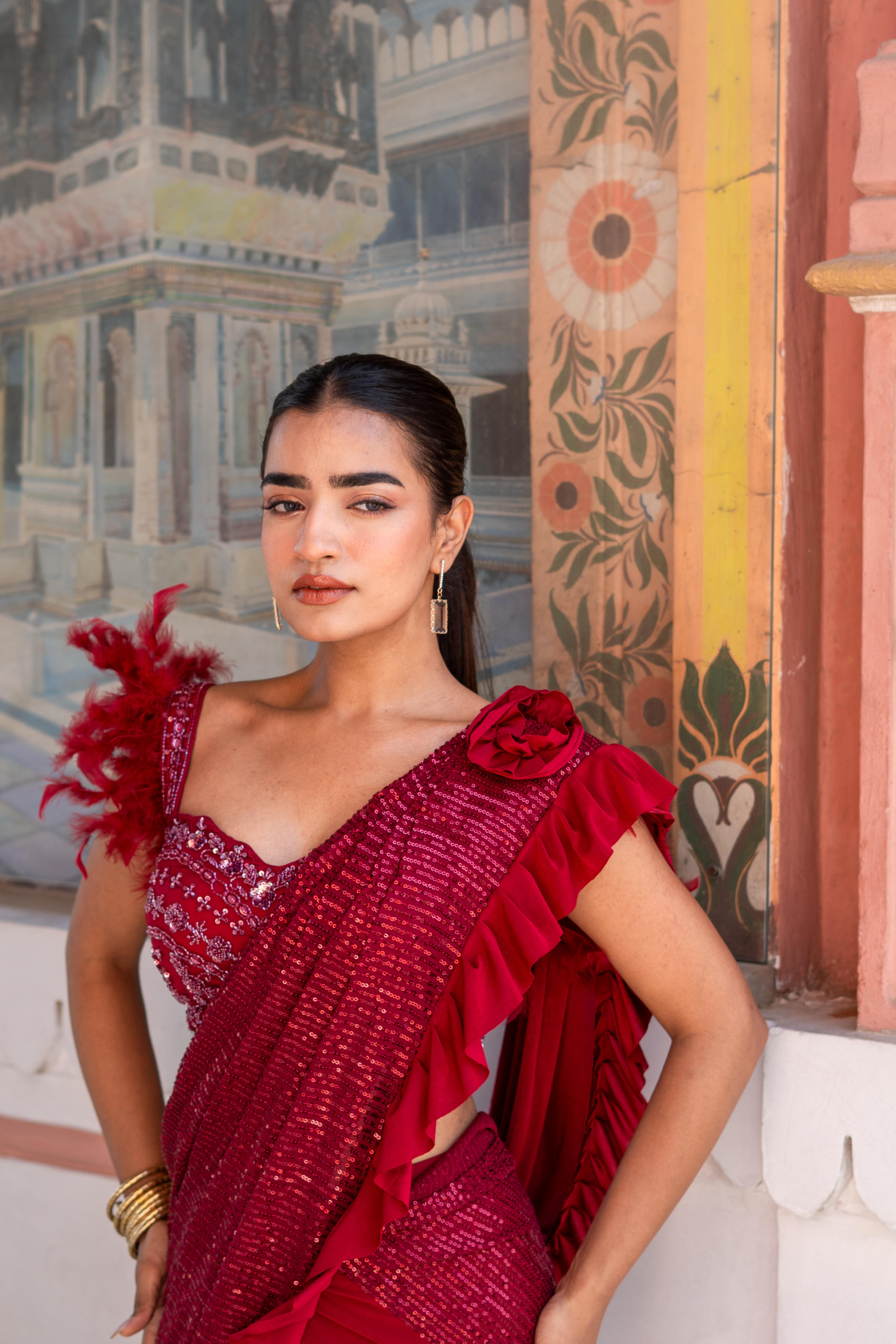 Crimson Red Ruffle Draped Saree with Feather Blouse!