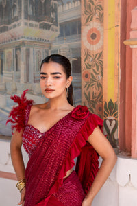 Crimson Red Ruffle Draped Saree with Feather Blouse!