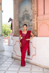Crimson Red Ruffle Draped Saree with Feather Blouse!