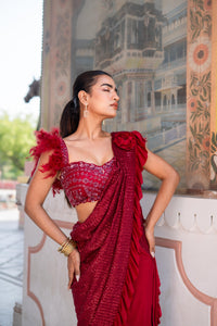 Crimson Red Ruffle Draped Saree with Feather Blouse!