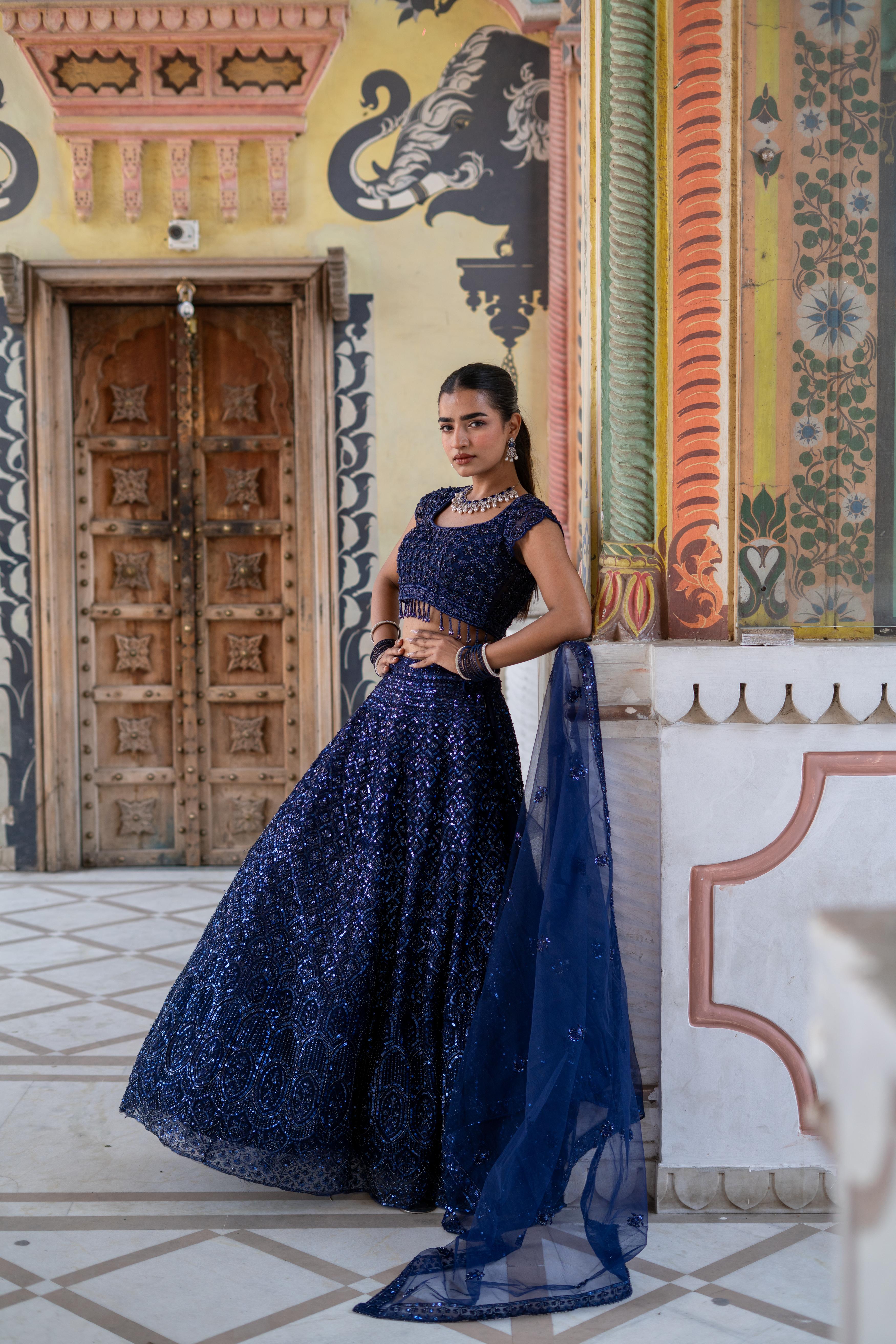Navy Blue Sequin Embroidered Lehenga with Cap-Sleeve Blouse! TheClothingRental Navy Blue Sequin Embroidered Lehenga with Cap-Sleeve Blouse! TheClothingRental
